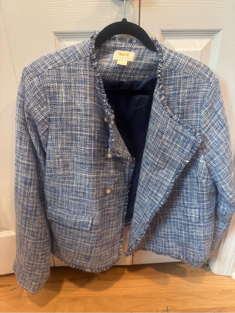 Anthropologie Blue and White Tweed Pearl-Button Blazer